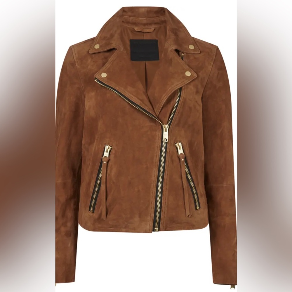 All Saints Dalby Suede Dark Tan Brown Biker Jacket